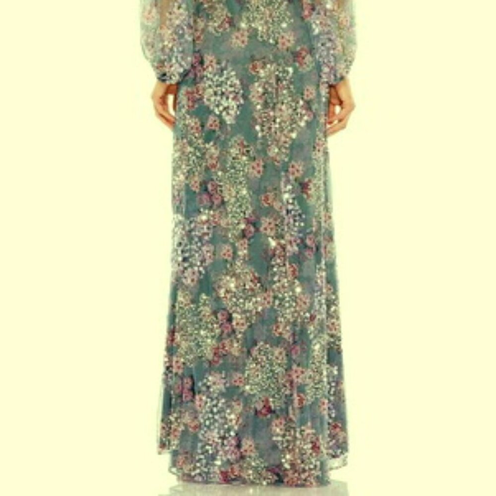 Mac Duggal Green Grey Floral Printed Sequin Formal Slit Gown - Picture 4 of 5